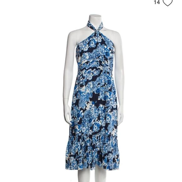 Tory Burch Blue Floral Silk Halter Neck Midi Dress $550 - Picture 3 of 7